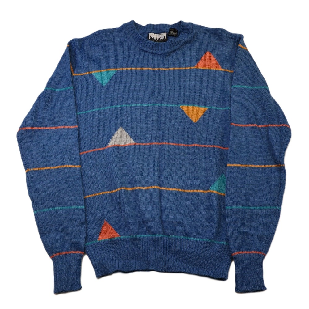 City Streets Mens Large Sweater Blue Geometric Stripe Crewneck Acrylic 6405